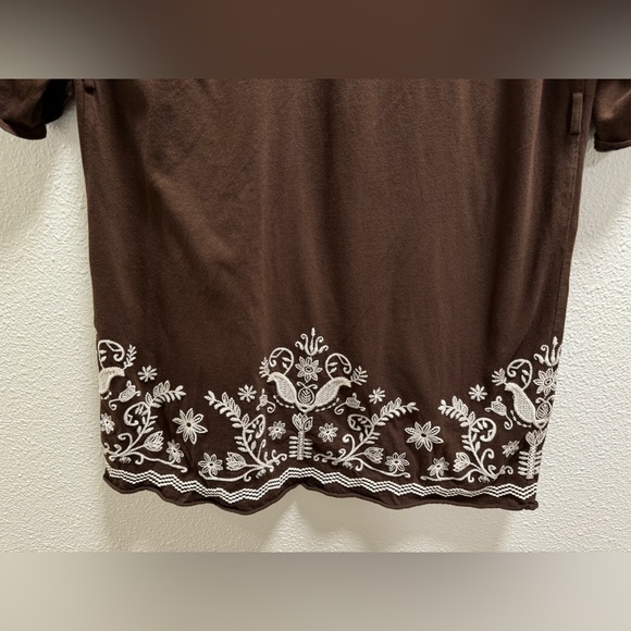 Johnny Was Tunic Blouse Embroidered Floral Birds Quarter Sleeve Cotton Brown XS - Picture 8 of 9